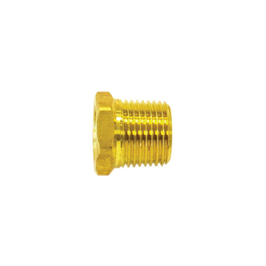 The BUSHING, 3/4" x 1/4" REDUCING from Westward Parts, featuring a golden brass construction and a hexagonal head, is ideal for various plumbing needs.