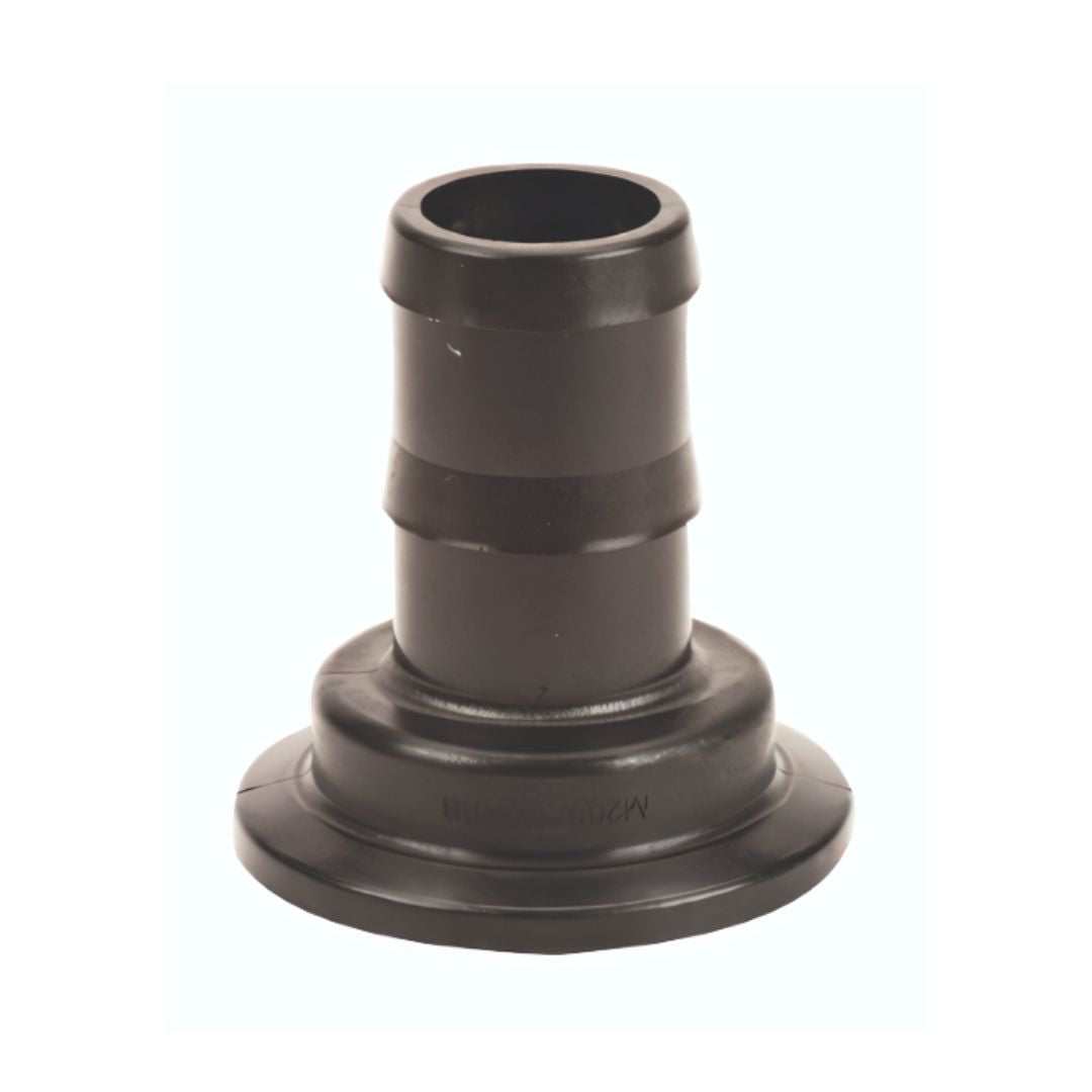 Black plastic hose connector fitting with a flared base and a barbed section for secure hose attachment. M200150BRB