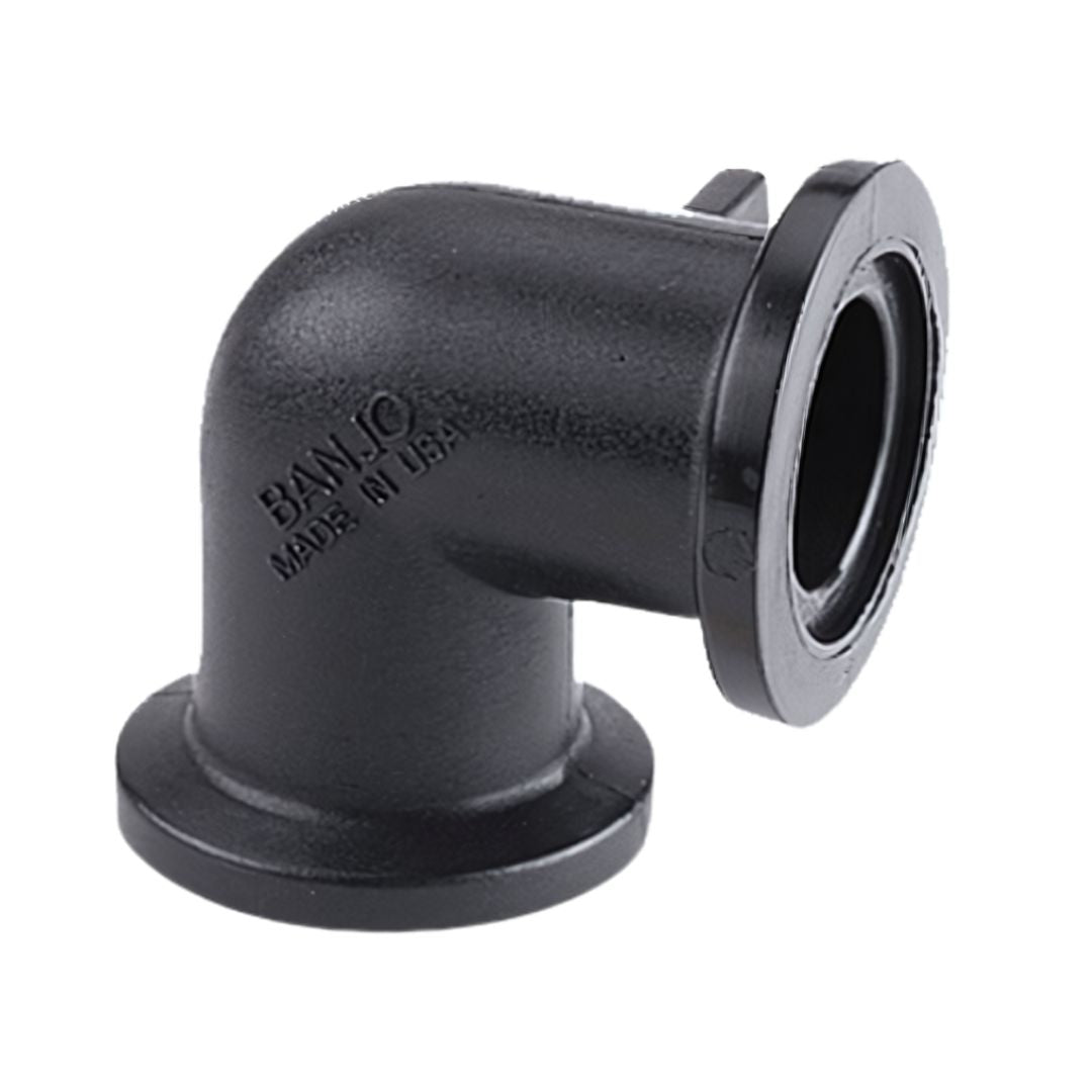 Black plastic elbow coupling M200CPG90 with a 90-degree bend, flanged ends, and embossed text including "BANJO" and "MADE IN USA