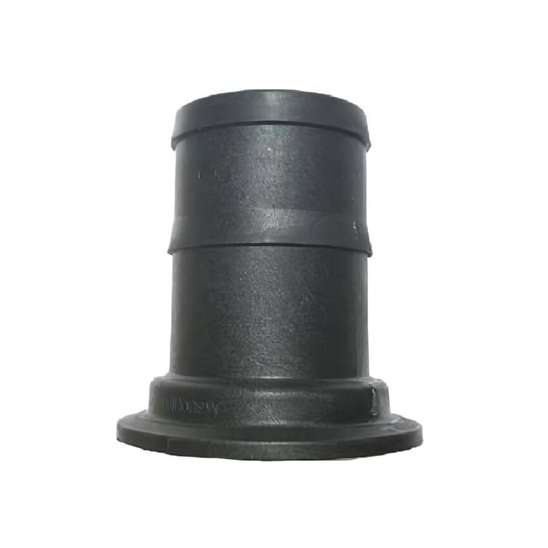 A Banjo 3″ Standard Port Flange x 3″ Hose Barb (M300BRB) black plastic pipe fitting, used for plumbing or industrial fluid handling applications, displayed on a white background.