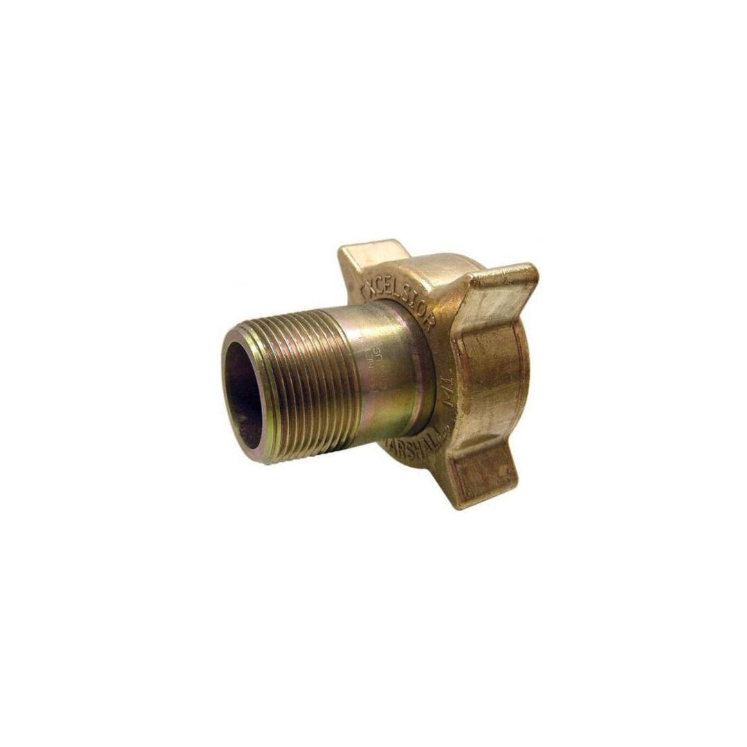 A brass pipe fitting, branded as the Marshall Excelsior Filler Coupling, features a 1-1/4" MNPT threaded male end and a 2-1/4" female ACME connection with two flat wings for tightening, displayed against a white background. This essential brass coupling ensures secure and reliable industrial connections.