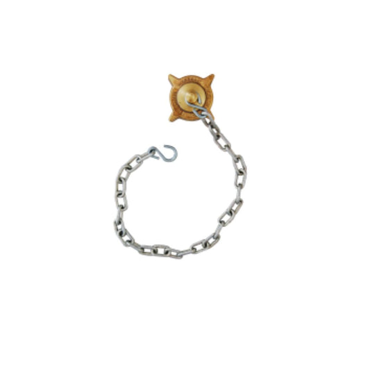 A metal chain with a hook on one end and attached to a brown and yellow four-pointed star-shaped knob on the other end, similar to the Marshall Excelsior 2-1/4" Female ACME Cap Plug with Knob & Chain.