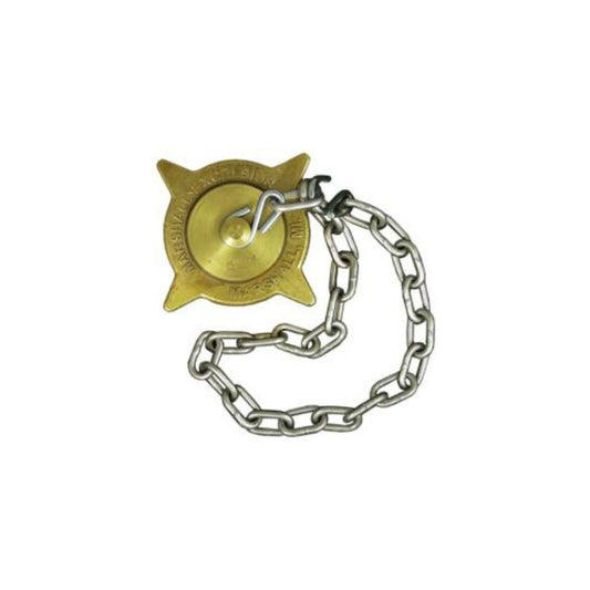 The Marshall Excelsior 3-1/4" Female ACME Cap is a brass cap featuring a knob plug and an attached chain, commonly used on fire department connections for water supply.