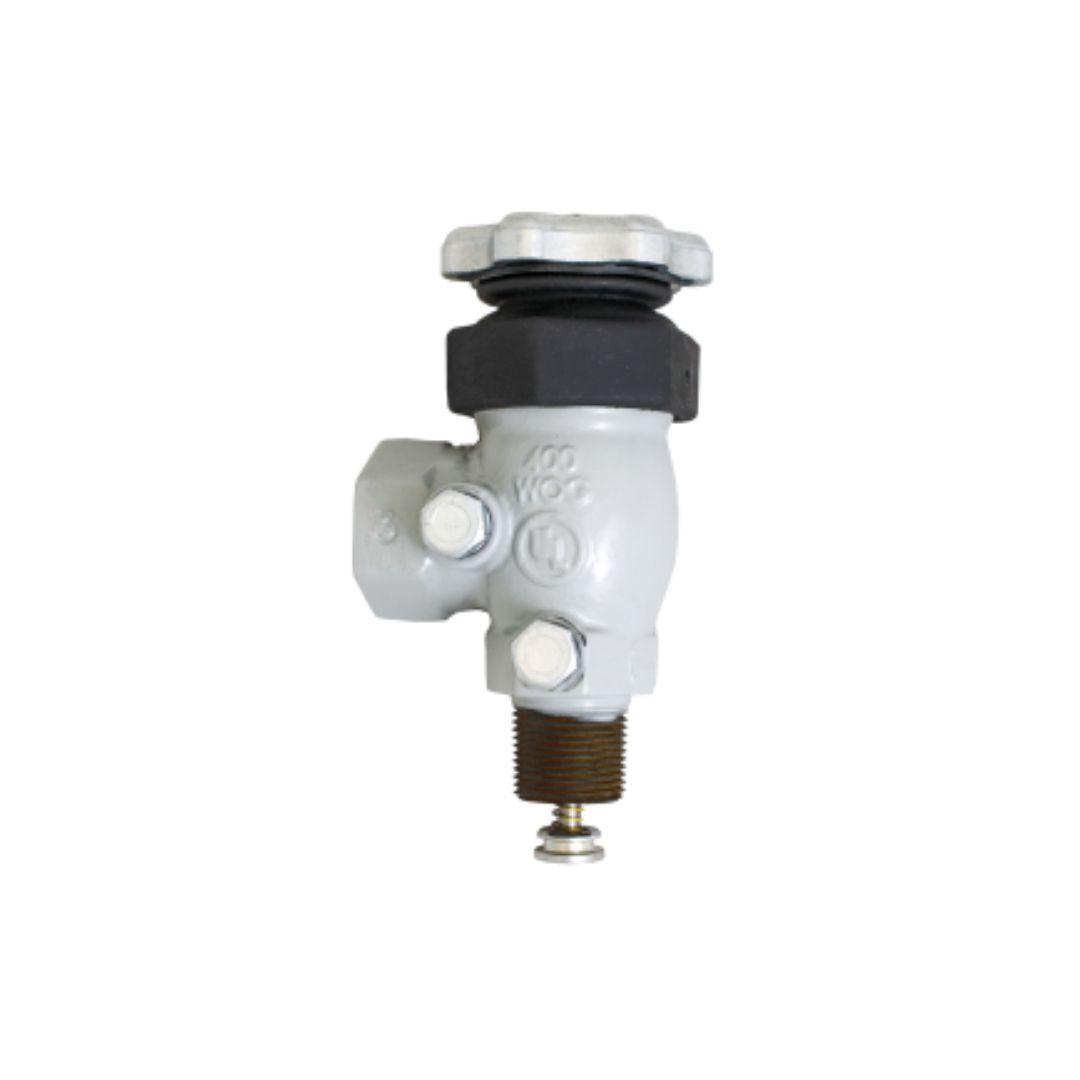 A gray Marshall Excelsior Excess Flow Transfer Valve with a turning knob on top and a threaded end at the bottom, isolated on a white background, designed for LP-Gas & NH3 applications.