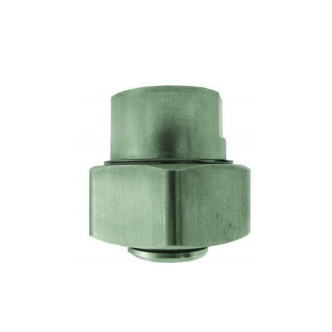Metallic coupling nut or connector with a hexagonal section for wrench attachment and a cylindrical body, made of stainless steel for durability and corrosion resistance.ME458S