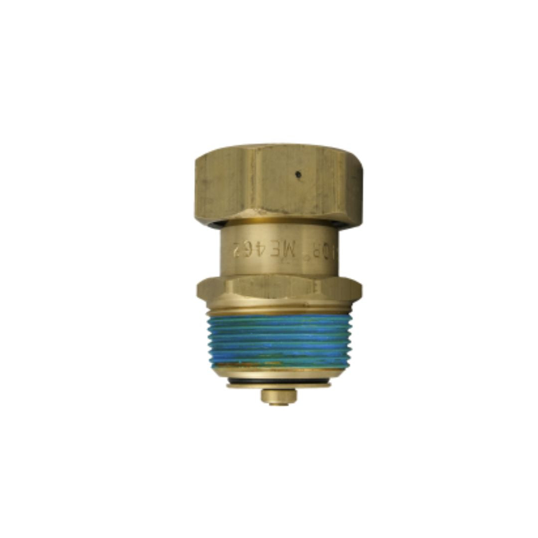 The Marshall Excelsior Tank Valve 1-1/4" MNPT x 1-5/8" UNF for Liquid Withdrawal w/Cap features a brass fitting with a hexagonal nut on top and blue-coated threads at the bottom, designed for plumbing or mechanical connections, making it ideal as a liquid withdrawal tank valve with excess flow protection.