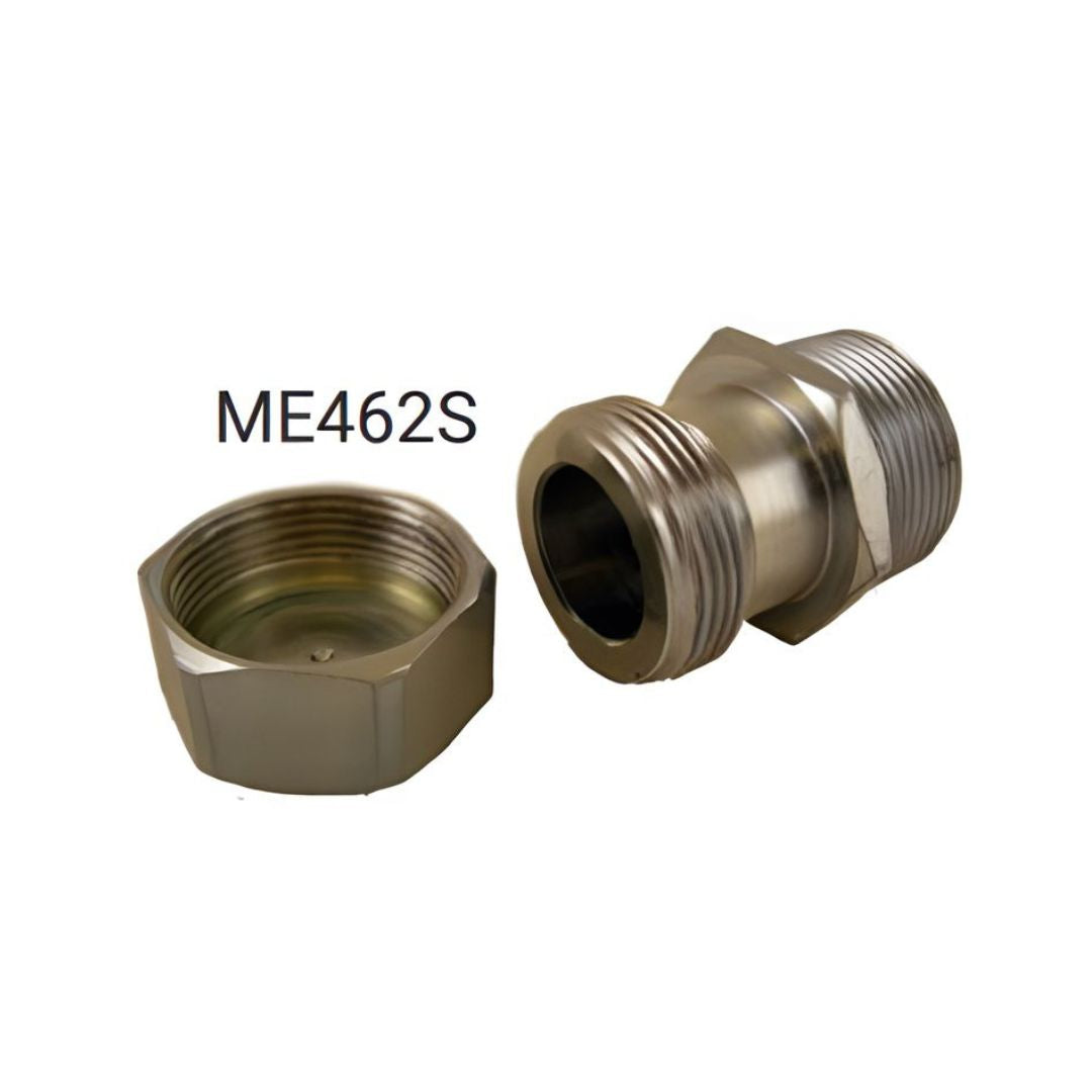 Two silver metallic connectors, one featuring a hexagonal end and the other a threaded cylindrical connection, are part of the "Marshall Excelsior Tank Valve 1-1/4" MNPT x 1-5/8" UNF for Liquid Withdrawal w/Cap," designed to include excess flow protection.