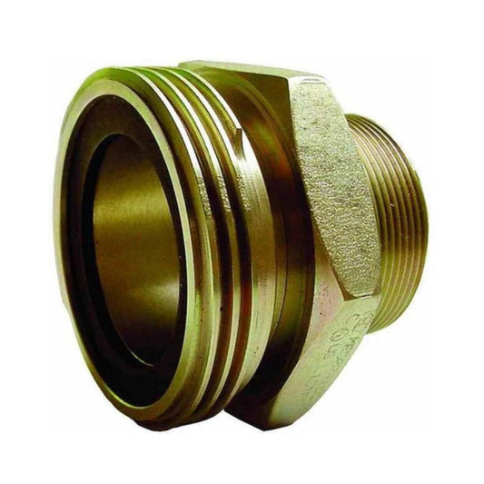 The Marshall Excelsior 3-1/4" Male Acme x 2" MNPT LP Gas Brass Adapter is a high-quality brass hose fitting featuring a threaded male connector on one side and a grooved ring on the other. Ideal for LP gas applications, this adapter from Marshall Excelsior ensures reliable pipe connections with secure and efficient performance.