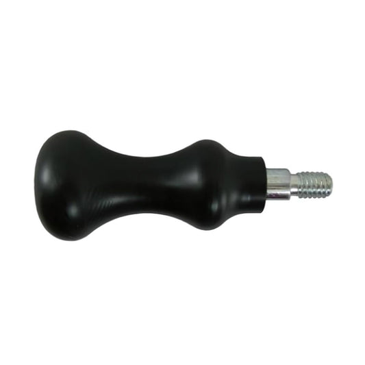 Black ergonomic handle with a threaded metal stud at one end, designed for attachment to a tool or equipment for a comfortable grip