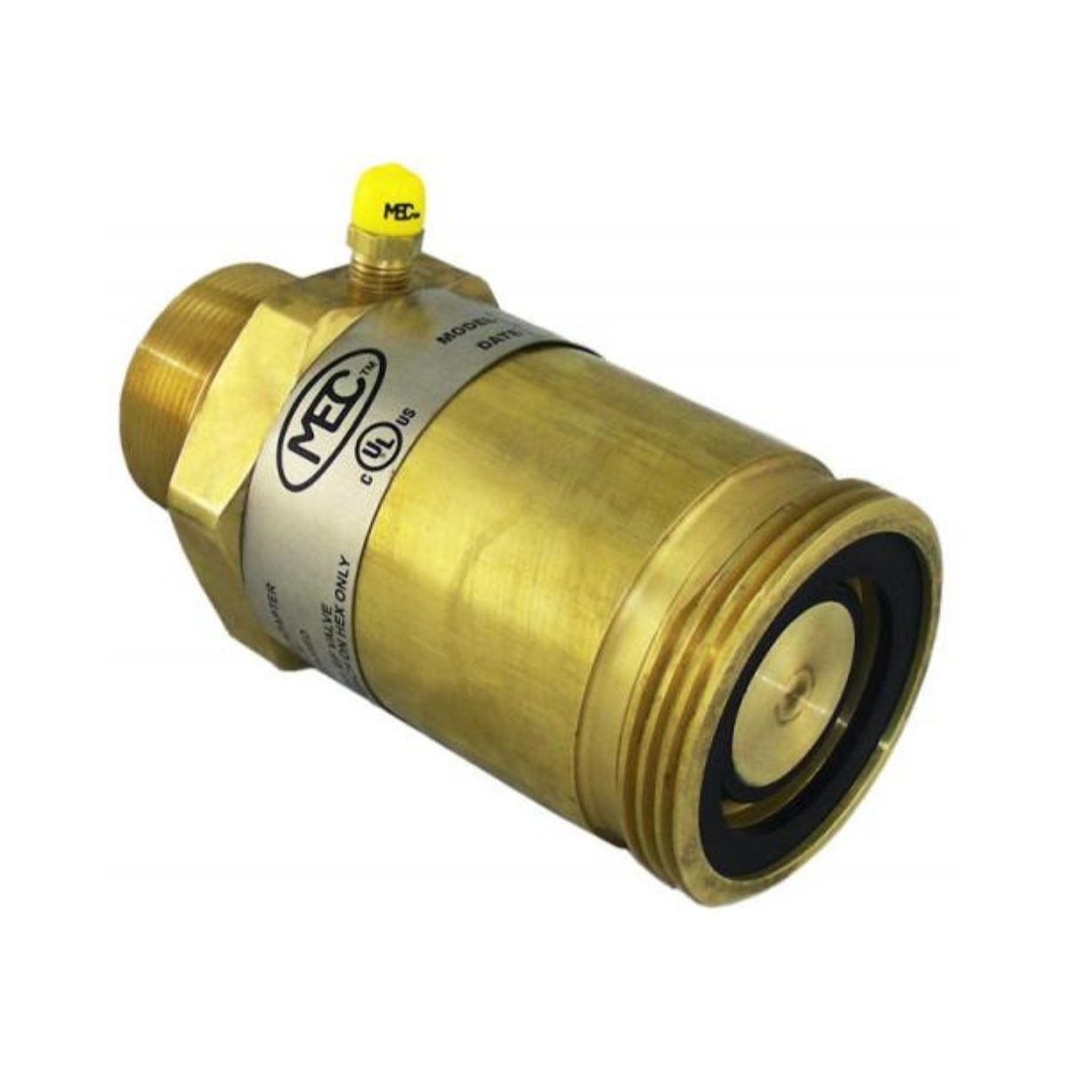 Marshall Excelsior Dry Break Adapter, 3-1/4" ACME x 2" MNPT, brass with yellow cap for emission reduction and threaded openings.