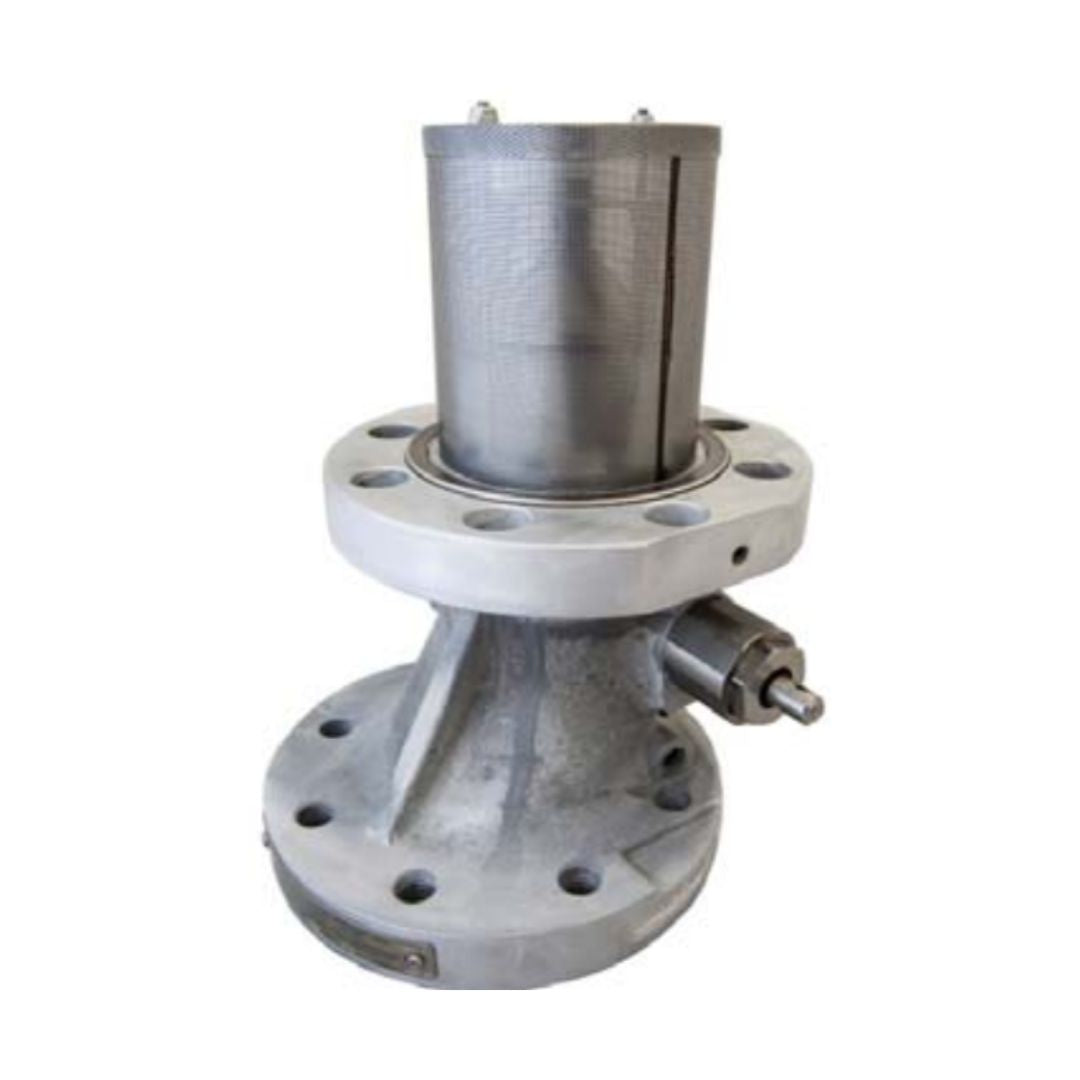 The Marshall Excelsior 3" Double Flange Offset 400 GPM with Actuator (ME990SA-3DFO-400) features a cylindrical mesh top and a 3" double flange base, making it ideal for fluid filtration in systems like bobtail delivery trucks. Its design ensures seamless integration with an internal valve for efficient flow control.