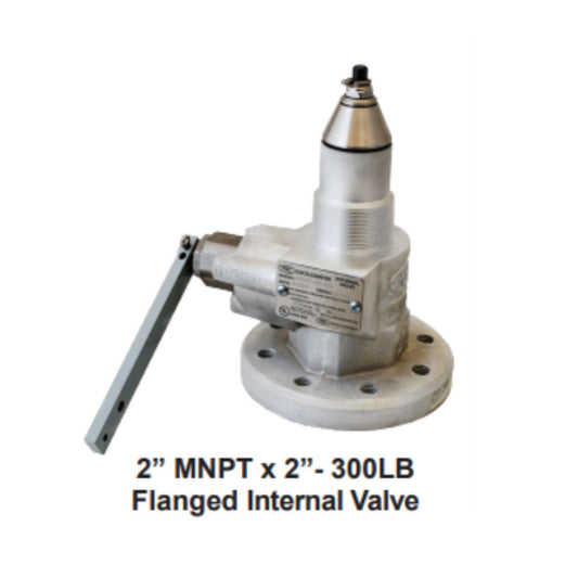 The Marshall Excelsior 2" NPT x 2"-300# Internal Valve Straight Body - Ductile, 260 GPM, featuring a labeled metal handle and base, set against a white background. Ideal for use in transport trucks.