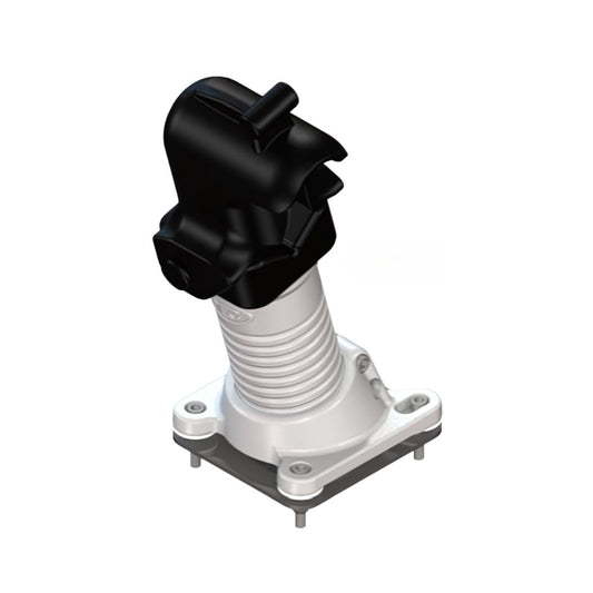 A 3D-rendered image of the Marshall Excelsior Bobtail Hose End Valve Holster (MEP802) with a black top and a white ribbed body mounted on a square base with screw holes, ideal for use in propane delivery operations.