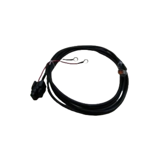 A black coiled electrical wire with connectors and metal loops at each end, specifically designed for Agricultural navigation systems such as the Outback eDrive VSi Steer Power Harness | Autosteer Guidance (750-8003-000#) by Outback, against a white background.