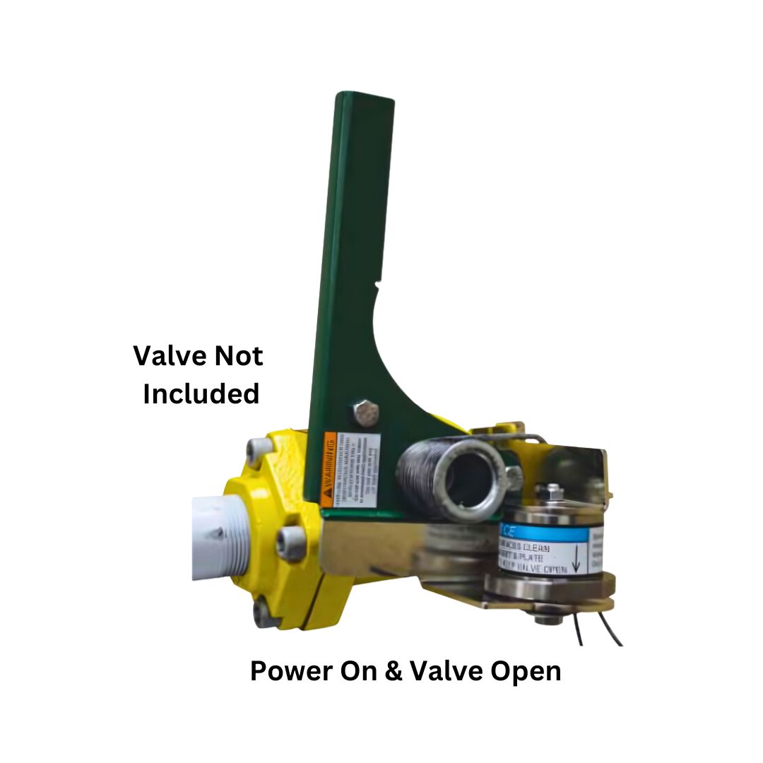 The Fisher Electric Actuator - 12 VDC, 0.6 Amps | Fits N550/N551 (P810) comes in a green and yellow housing with labels reading "Valve Not Included" and "Power On & Valve Open." Ideal for anhydrous ammonia systems, this electric actuator ensures efficient operation.