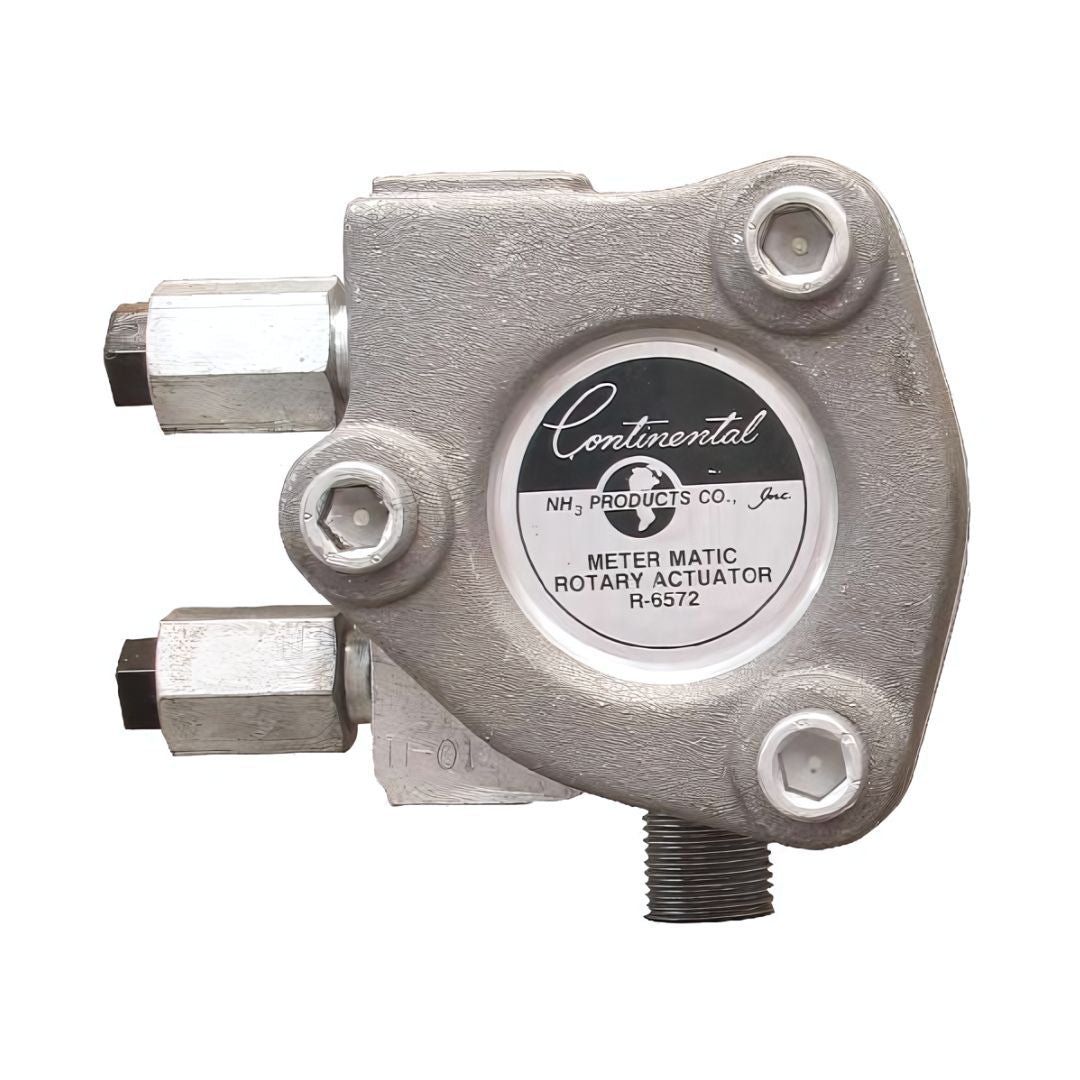 The Continental Hydraulic Rotary Actuator - 1" FPT, NH3 Compatible (R-6572) in silver, designed for precise ammonia flow control, includes three pipe fittings and is displayed against a white background.