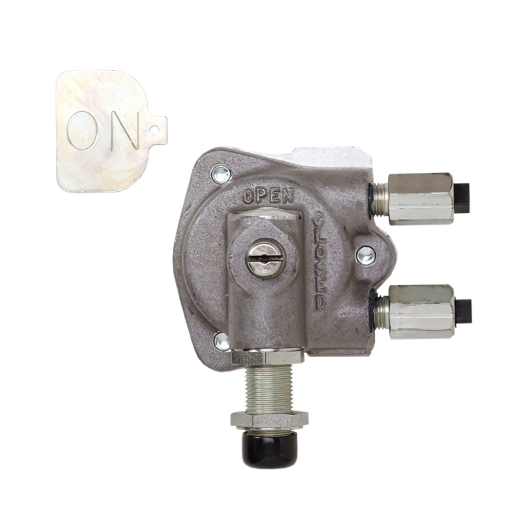 The Continental Hydraulic Rotary Actuator (R-6572), a corrosion-resistant valve with two outlets and an adjustable knob labeled "OPEN" and "CLOSED", includes a small metallic "ON" indicator for NH3 flow control, is designed for 1" FPT installations and NH3 compatibility.