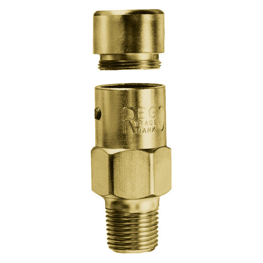 The RegO Hydrostatic Relief Valve 1/4" MPT 375PSI Brass, a high-performance brass component with a threaded section and detachable cap, ensures a bubble-tight seal against a plain white background.