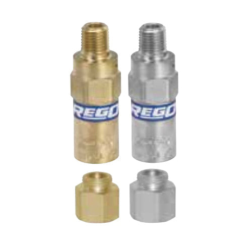 Two RegO Cryogenic Gas Relief Valves 1/2" 250PSI Teflon, one made of brass and the other of steel, each shown with their respective caps. These valves are specifically designed to ensure overpressure protection for cryogenic liquid containers.