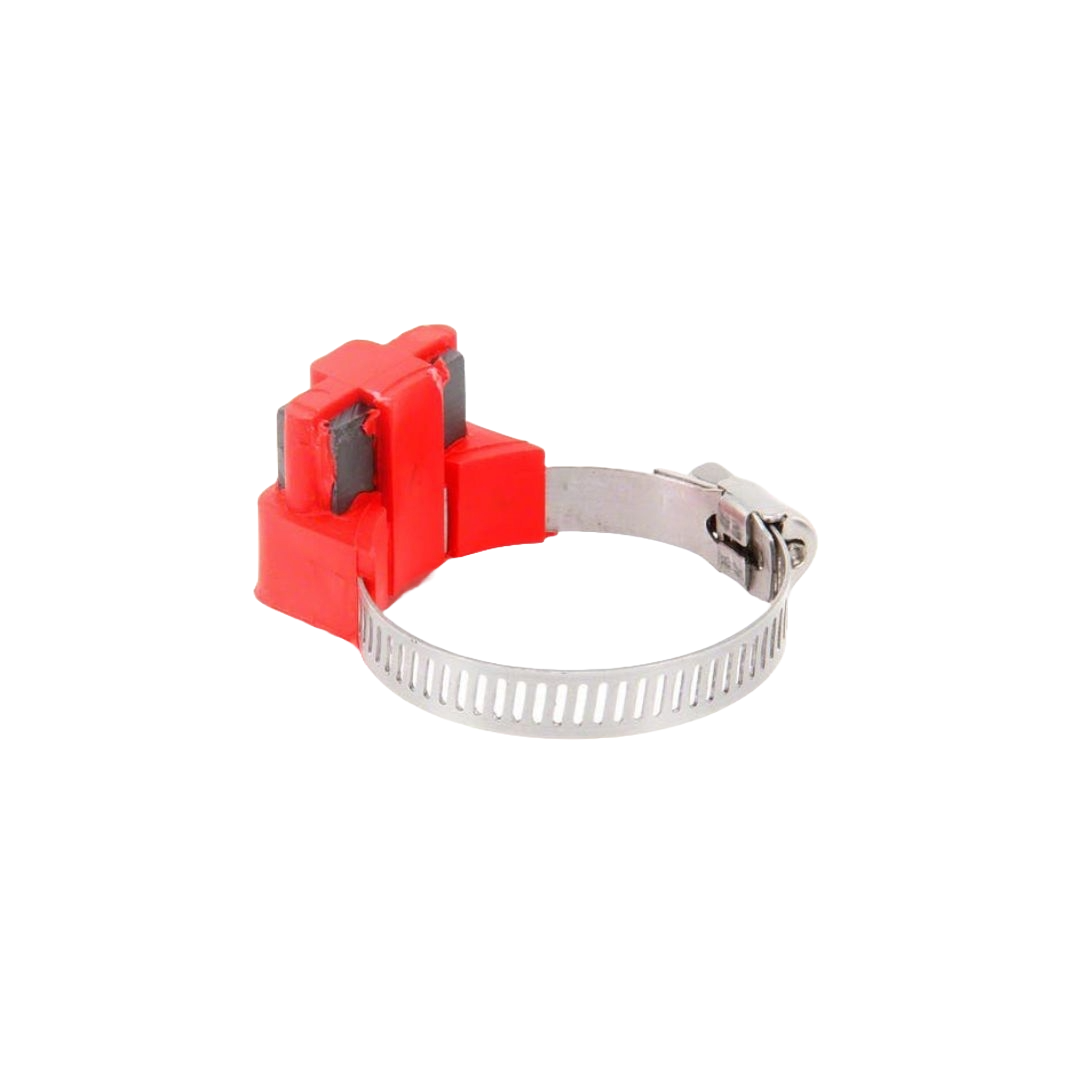 A red and silver Raven Red Shaft Magnet by Raven, featuring an adjustable design with a built-in fastening mechanism, commonly used in agricultural equipment, isolated on a white background.