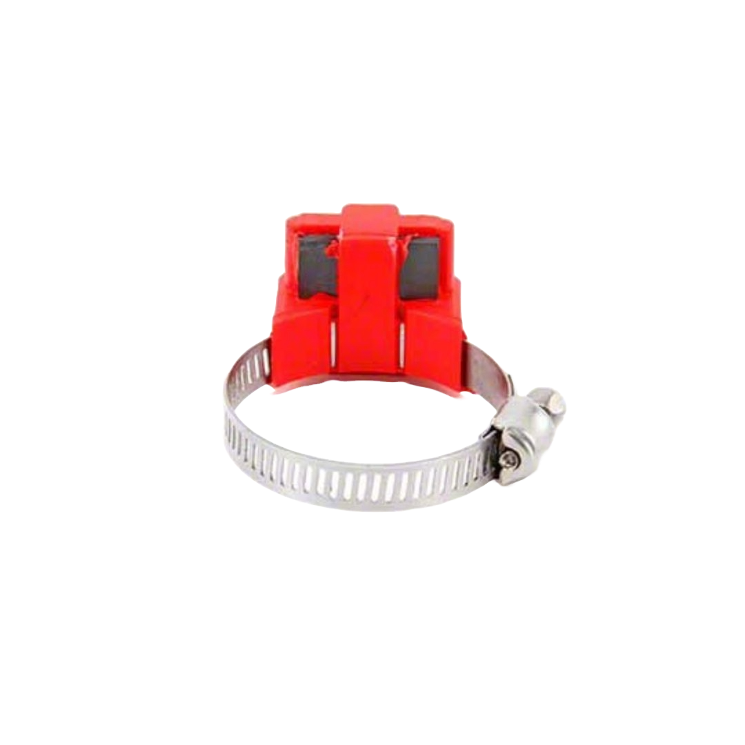 A stainless steel hose clamp featuring a Raven Red Shaft Magnet handle from the Raven brand, providing easy tightening and loosening on a white background.