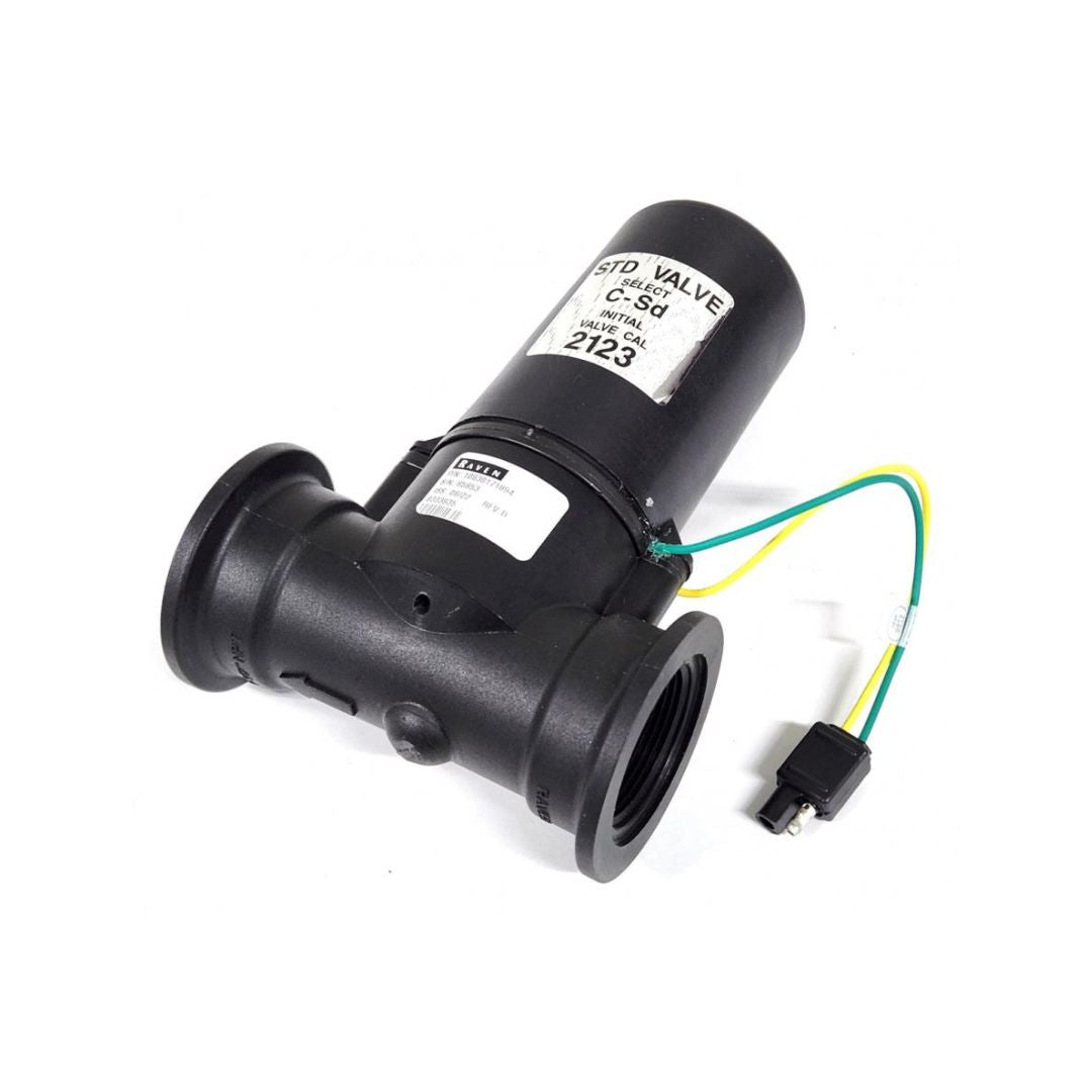 The Raven Control Valve - 1-1/2" NPT Butterfly, Poly (063-0171-894) from Raven, equipped with wiring and plug attachment and labeled with serial numbers, is ideal for liquid flow management in agricultural spraying systems.