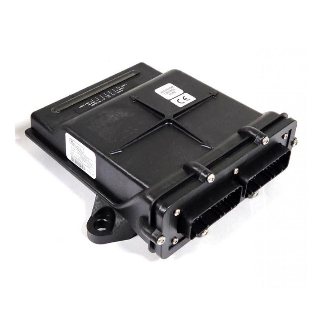 The Raven CAN AccuBoom Control Node - Automatic Section Control (063-0172-316) is a black ECM with ISOBUS compatibility, featuring multiple connectors, labels, and a mounting bracket on a white background.