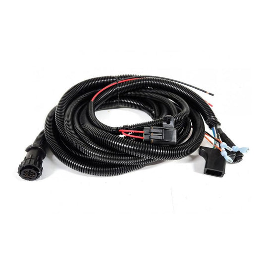 A coiled Raven 10' Console Cable (SCS 440 Older Style - 115-0159-418) automotive wiring harness with black corrugated tubing, connectors, and exposed wires, featuring an older style square plug, on a white background. Ideal for connections involving the Raven SCS 440 Console in Precision Agriculture setups.