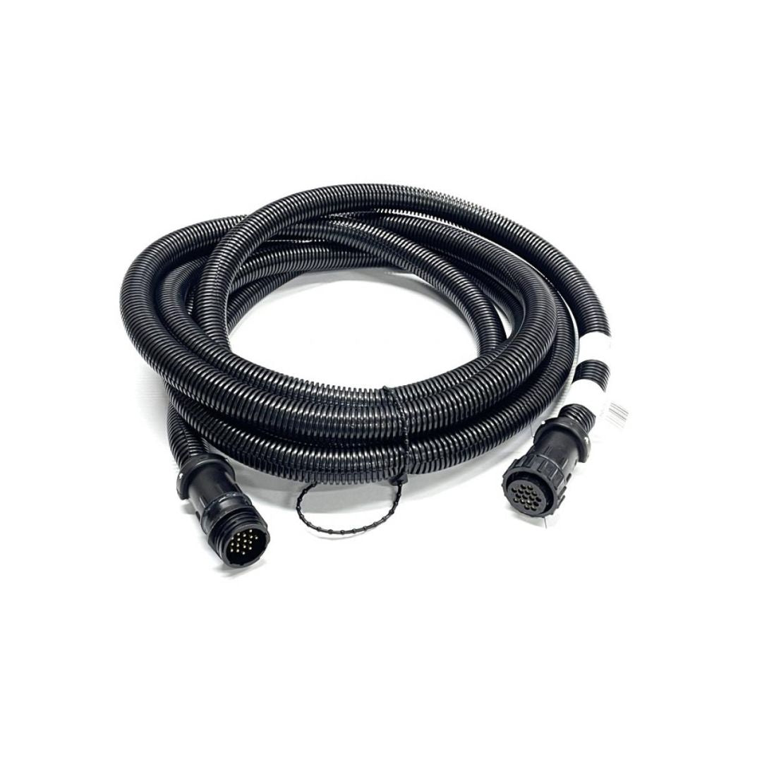 The Raven Extension Cable - 12' NH3 for 1-3 Section 440/450 (115-0159-856) is a coiled black cable with multi-pin connectors on both ends, ideal for connecting to the Raven SCS 440/450 sprayer controller.