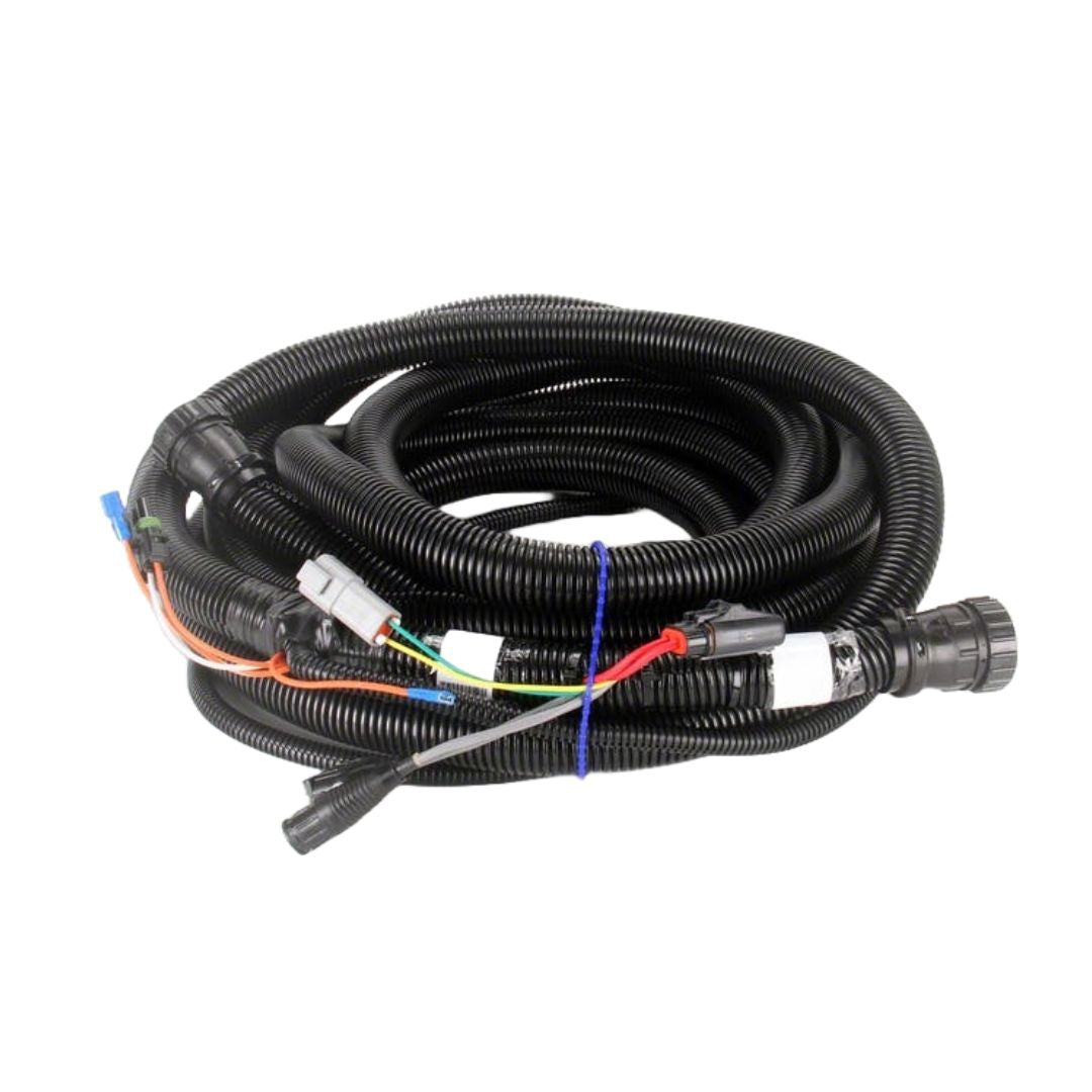 The Raven Cable 20' Console SCS4400 is a coiled black automotive wiring harness with connectors and cables, all professionally bound by a blue tie. Featuring various colored wires and connectors, it is perfect for seamless integration with the SCS4400 console in precision agriculture setups.