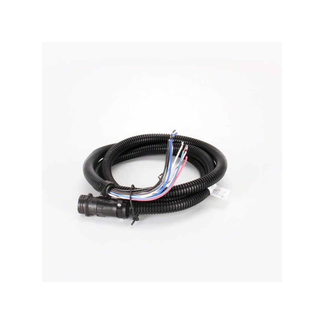 A Raven Boom Sense Cable - 6' for 4000/Viper Console (115-0171-419), black and coiled with several exposed multicolored wires and a connector at the end, rests on a white background.