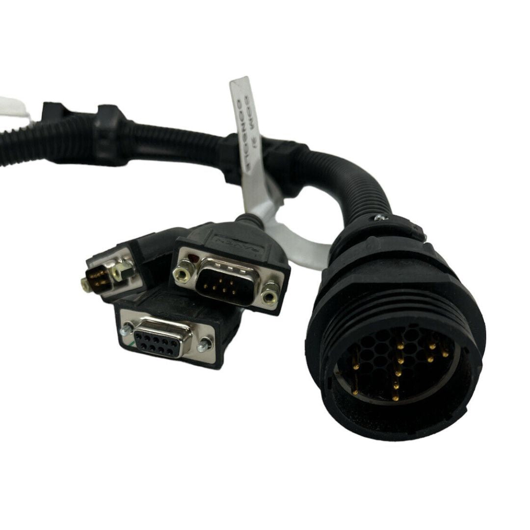 A Raven Cable - Viper Pro/Envizio Pro to 4000/5000 (115-0171-823) in black, featuring multiple male connectors—one multi-pin circular and two rectangular—against a white background. Ideal for integration within advanced agricultural systems like the Viper Pro.