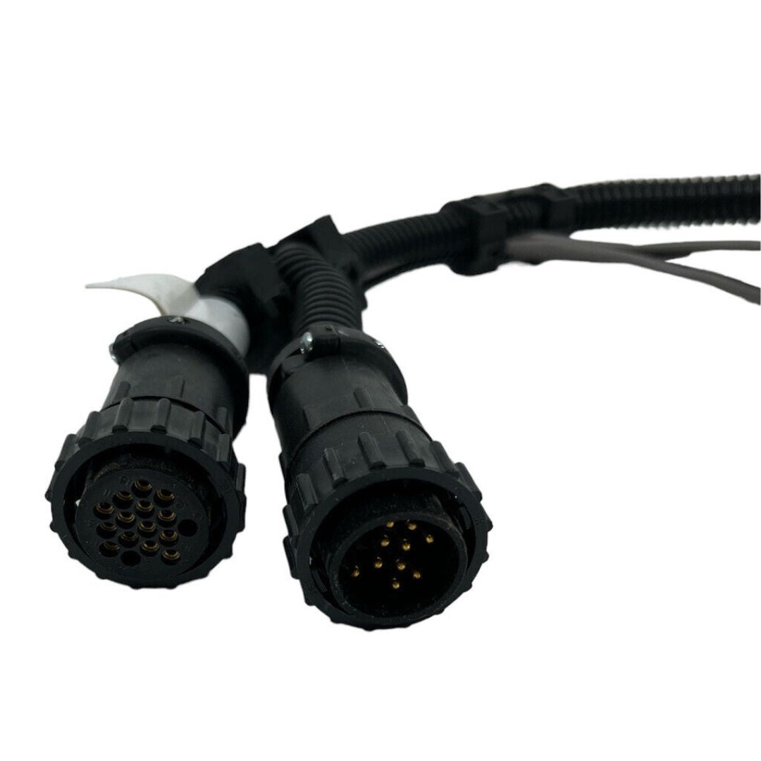 Two Raven Cable - Viper Pro/Envizio Pro to 4000/5000 (115-0171-823) black multipin connectors with protective sleeves on a coiled cable, ideal for Raven Precision setups in agricultural systems, isolated on a white background.