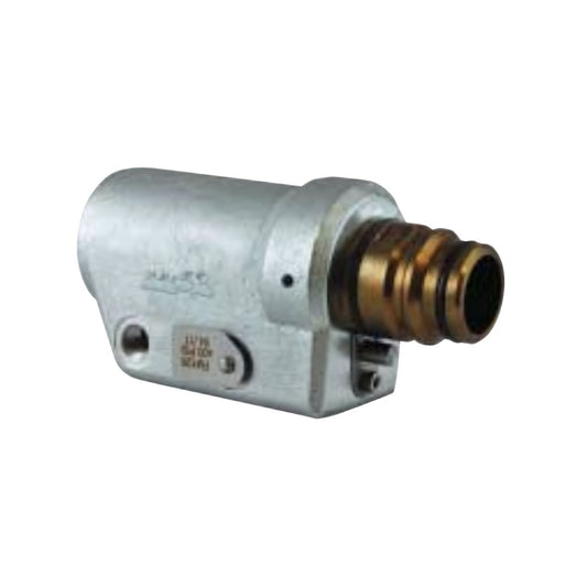 Metallic industrial fitting with a cylindrical body and a brass barbed connector, featuring a mounting hole and an engraved specification plate, designed for secure hose or tube attachment.