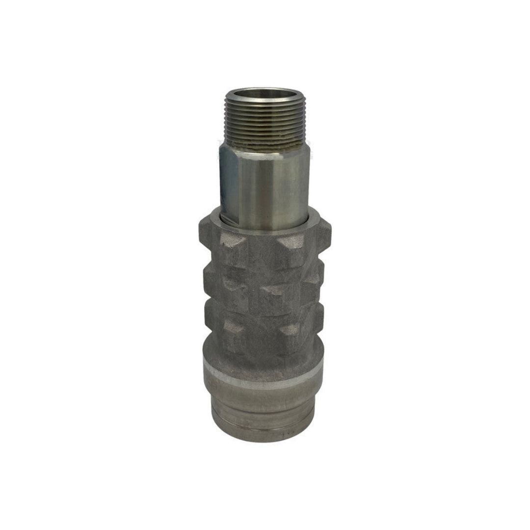 Metallic industrial fitting with a threaded male connector at the top, a textured geometric patterned body for grip, and a smooth cylindrical bottom section for connecting to other components