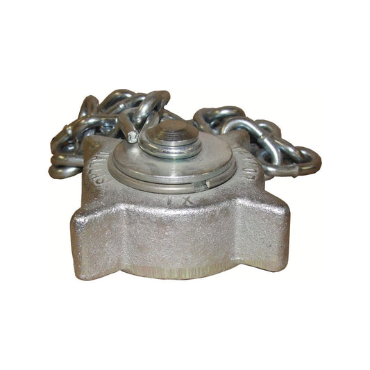 The Squibb Taylor 3-1/4" Female ACME Cap with Chain, by Squibb Taylor, is a metal four-pronged device with a circular center and an attached heavy chain, ideal for securing objects in cryogenic services to ensure safety.