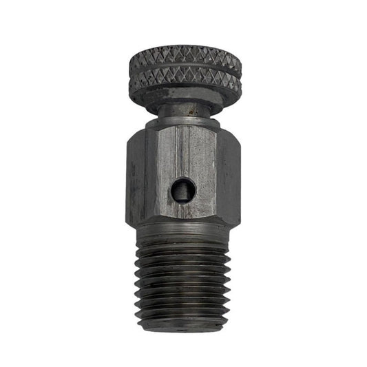 Metallic adjustable valve with a knurled knob, a cylindrical body with a central hole, and a threaded male connector at the bottom, featuring a hexagonal section for wrench attachment. A1911