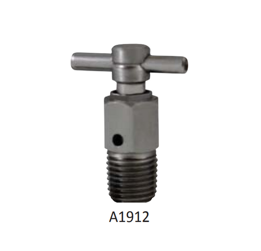 Squibb Taylor 1/4" MNPT Liquid Level Vent Valve with a T-shaped handle and threaded bottom end, labeled "A1912" below the image. Ideal for liquid level vent valve and NH3 applications.