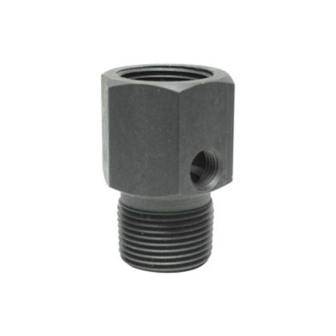 Squibb Taylor Relief Valve Adapter, a steel hex nut with threading and a 1/4" FNPT OT side hole, likely used in mechanical or plumbing applications, on a white background.