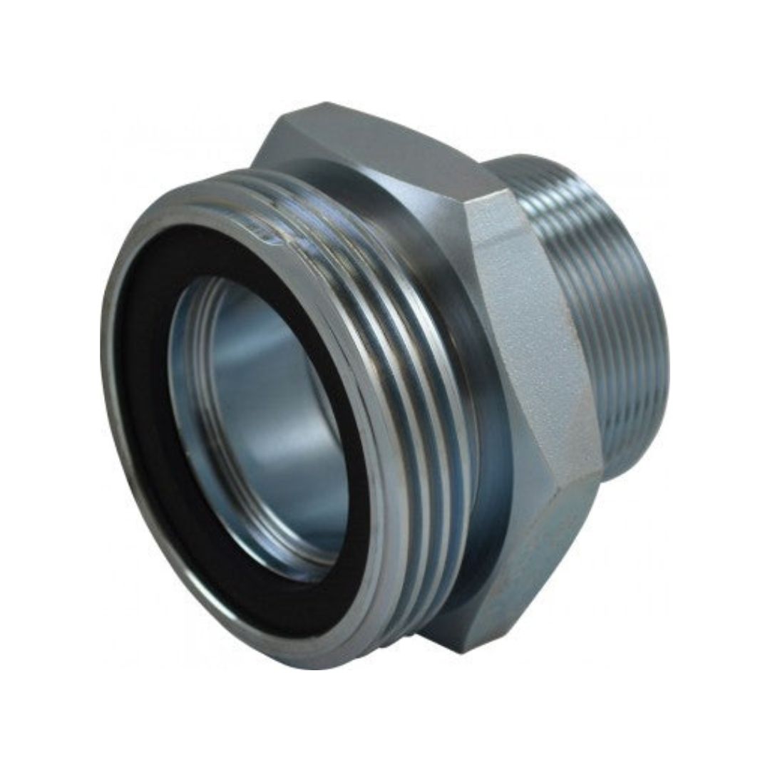 A close-up view of the Squibb Taylor 3-1/4" ACME x 2" MPT Adapter A2063S showcasing a metallic pipe fitting with external threading and a rubber O-ring seal, ideal for industrial plumbing applications.