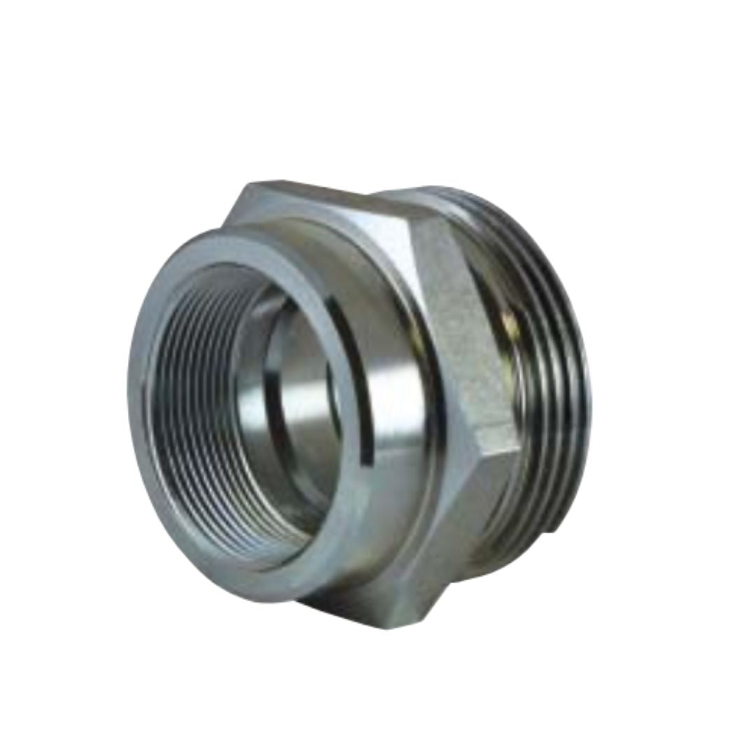 Metallic threaded connector fitting with internal and external threading, a polished finish, and a hexagonal section for wrench attachment.A2075S