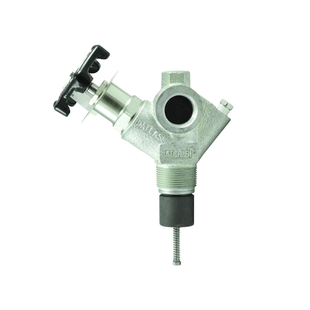 The Squibb Taylor Nurse Tank Valve (A521P), a metallic T-shaped industrial valve designed for NH3 Systems, boasts a black handle on one side and a threaded end on the other side for precision flow control. The 1-1/4" MNPT X 1" FNPT valve has a flow rate of 45 GPM and is showcased against a white background.