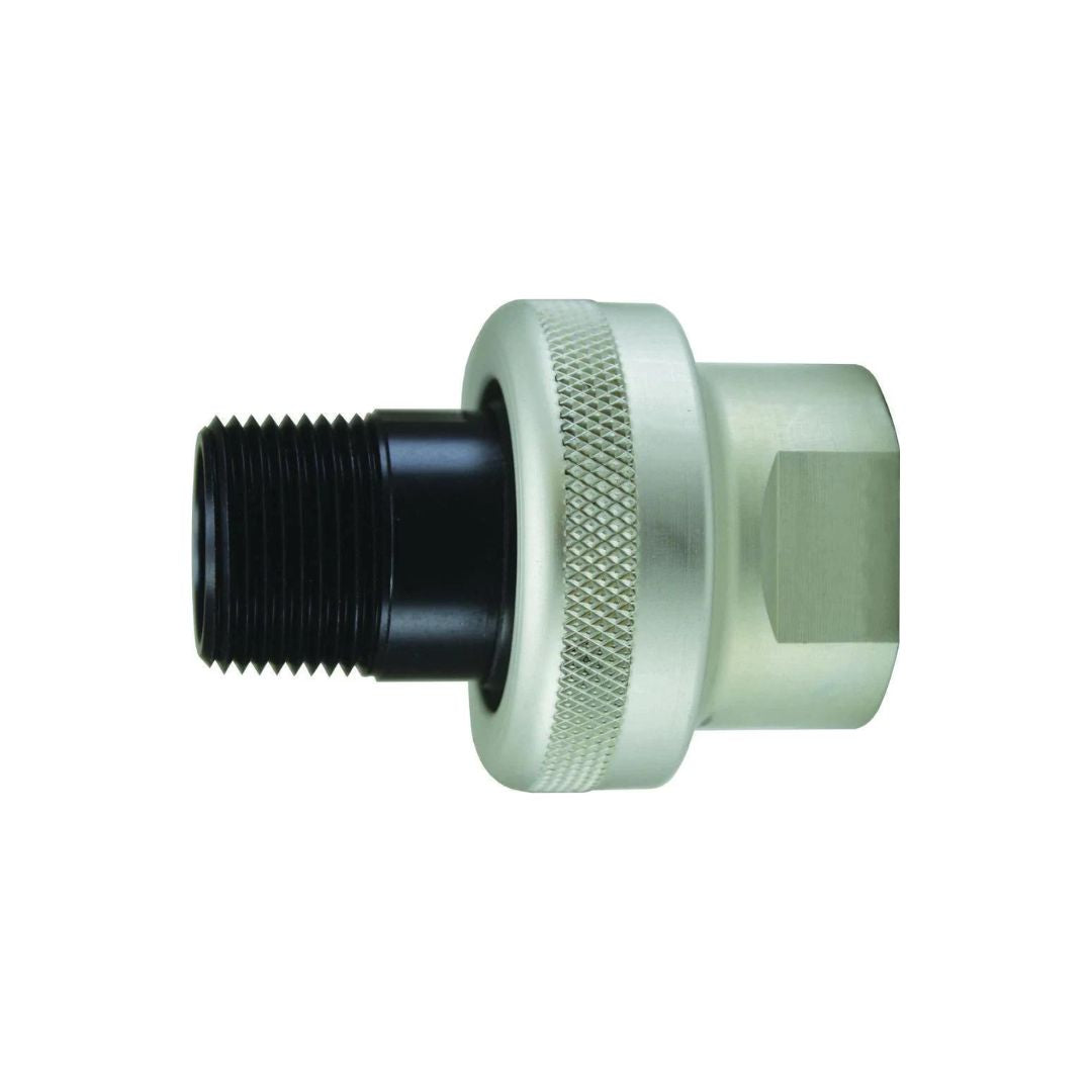 The Squibb Taylor RotaSeal Hose Swivel - 1-1/4" FPT X 1-1/4" MPT, 400 PSI (AL111) features a cylindrical design with a threaded black end and a knurled silver ring, making it ideal for NH3 handling and connecting components in mechanical systems.