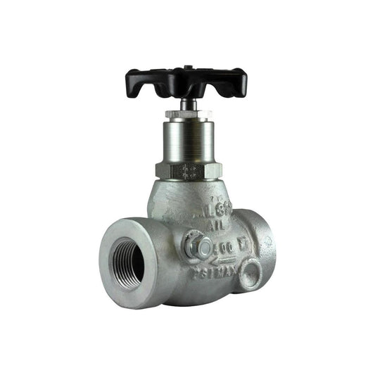 The Squibb Taylor 3/4" FNPT Globe Valve AL308P, manufactured by Squibb Taylor, features a threaded connection and black handle, ideal for controlling the flow of Anhydrous Ammonia, displayed on a white background.