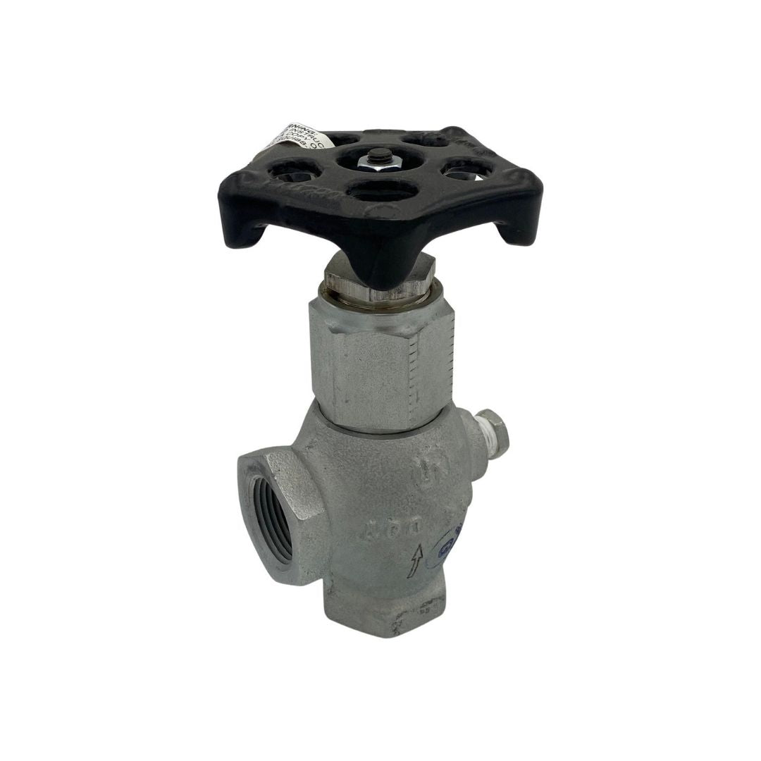 Metallic valve with a black handwheel-style handle, hexagonal body, and threaded connections, featuring flow direction markings and specifications, used in industrial or plumbing systems