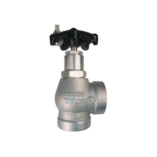 The Squibb Taylor 1" FNPT Angle Valve 90 Degree AL311P features a black handwheel for manual operation. The metallic valve body, labeled with text, is designed specifically for LP-Gas use and includes threaded ends.