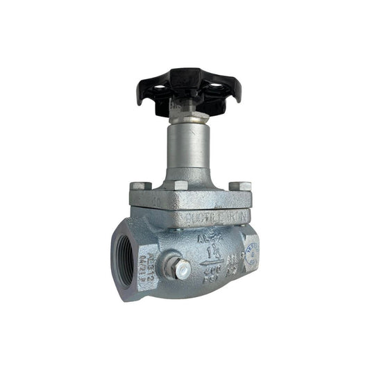 A Squibb Taylor 1-1/4" FNPT Globe Valve AL312P, in silver, featuring a black handwheel on top, multiple bolts, and visible threaded pipe connections on the sides, suitable for LP-Gas systems.