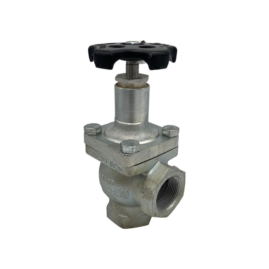 Metallic valve with a threaded inlet and a T-shaped black handle, featuring a small side bolt for pressure adjustment or release, used in industrial or plumbing systems.