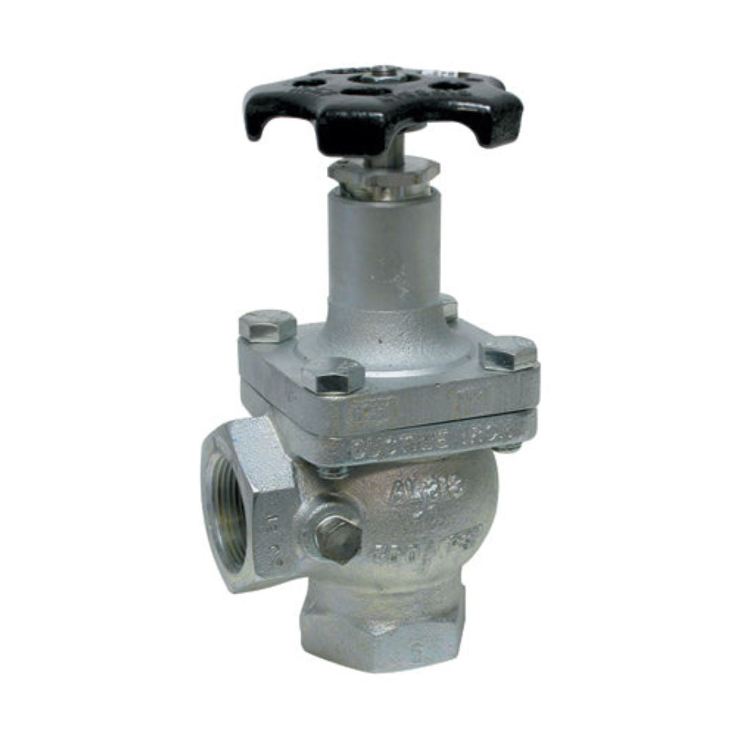 A Squibb Taylor 2" FNPT Right Angle Valve, featuring a black handwheel, hexagonal bolts, and threaded pipe connections, is ideal for bulk plant piping systems.