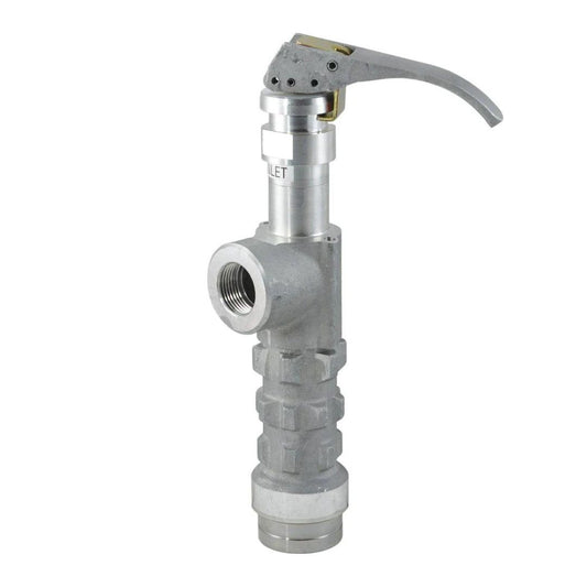 The Squibb Taylor Minimum Bleed Hose End Valve Assembly - 1" FPT x 1-3/4" Female ACME, a silver pressure relief valve featuring a lever handle and female pipe thread inlet and outlet connections, is displayed on a white background.